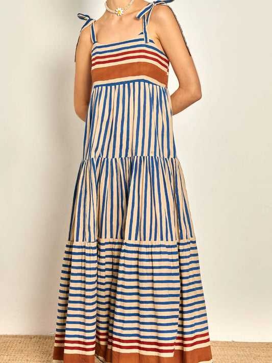 Hazel Blues® |  Striped Tie-Shoulder Tiered Maxi Dress
