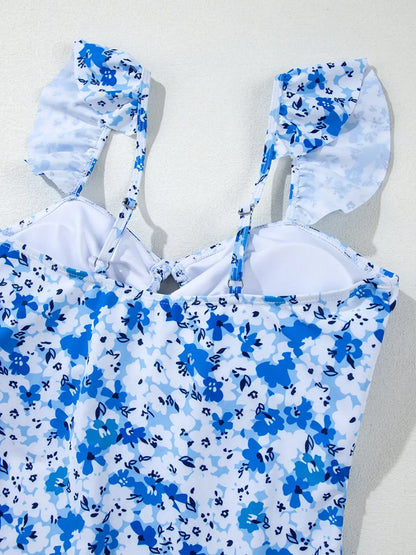 Hazel Blues® | Floral Ruffled Strap Lace-up Hollow Out One Piece Swimsuit