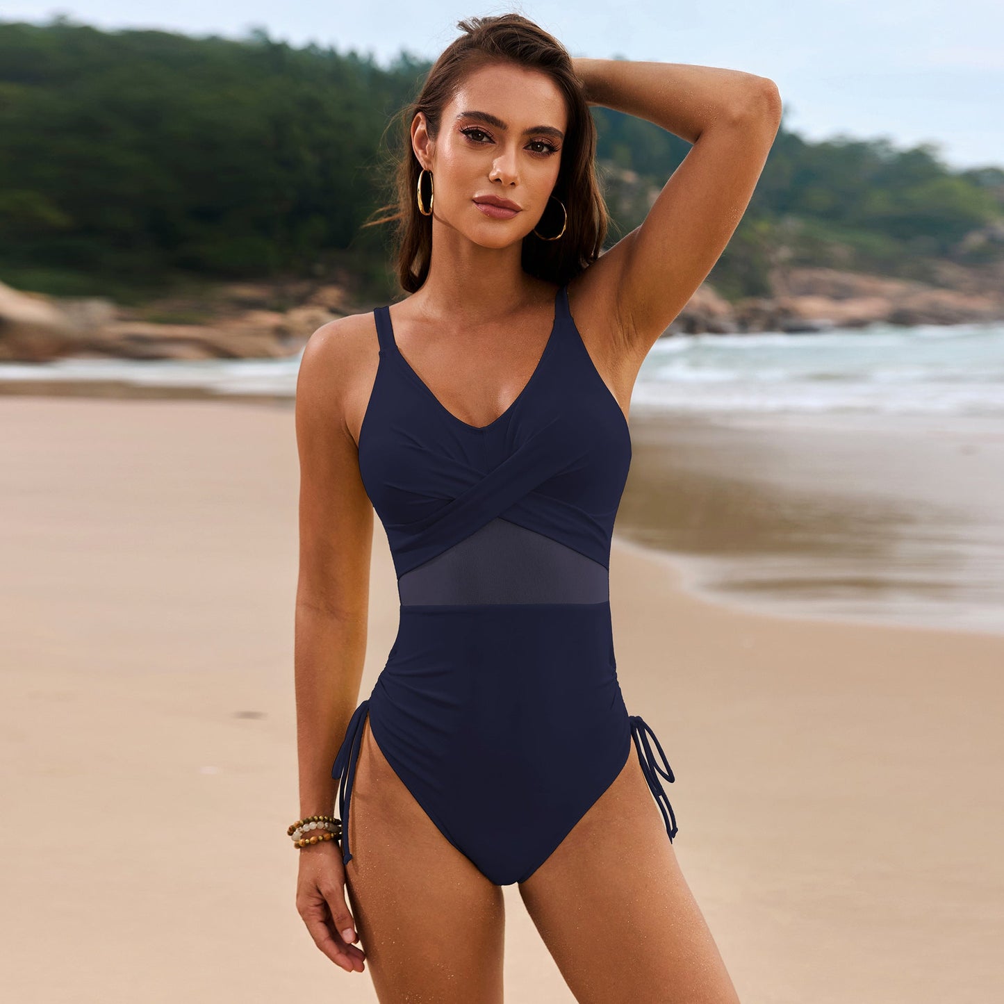 Hazel Blues® | Drawstring Ruched V-Neck One-Piece Swimwear