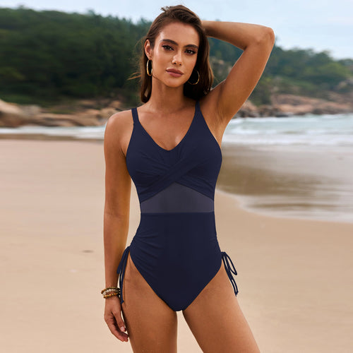 Hazel Blues® | Drawstring Ruched V-Neck One-Piece Swimwear
