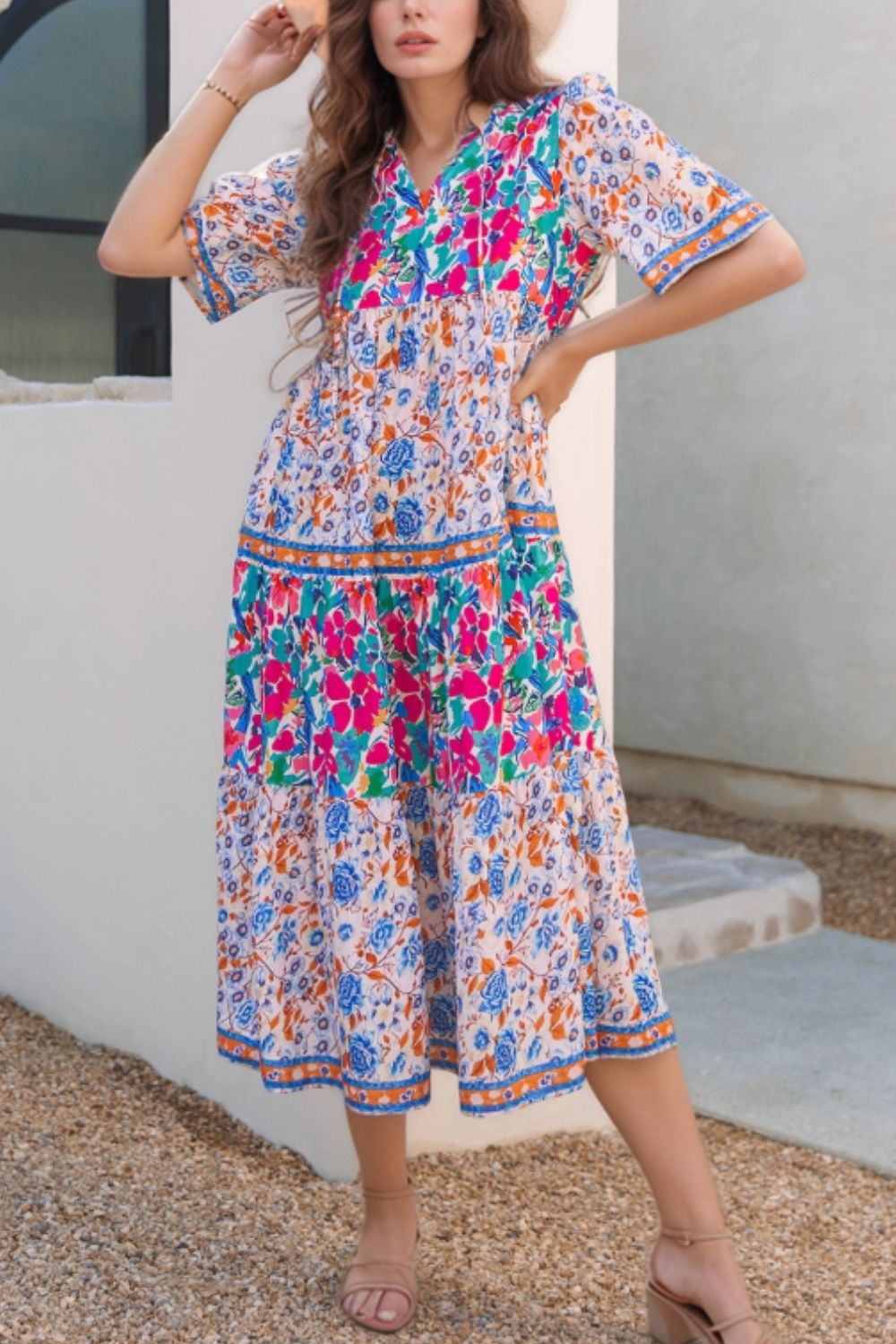 Hazel Blues® |  Mixed Floral Print Tie Neck Short Sleeve Dress