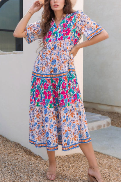 Hazel Blues® |  Mixed Floral Print Tie Neck Short Sleeve Dress