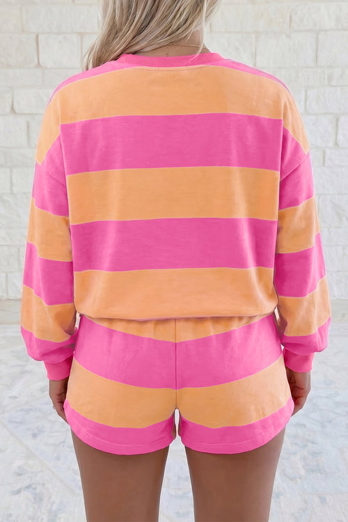 Hazel Blues® |  Pink Stripe Long Sleeve Casual Top Drawstring Shorts 2pcs Set