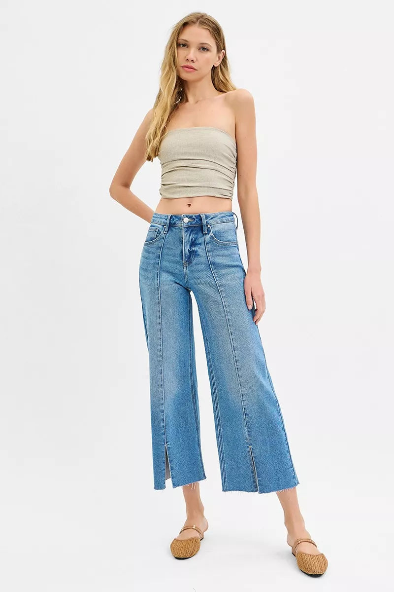 Hazel Blues® |  RISEN Tummy Control Mid Rise Crop Wide Front Slit Jeans