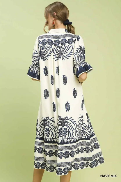 Hazel Blues® |  Umgee Border Print Midi Dress with Puff Sleeves