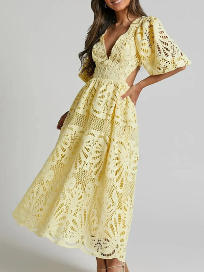 Hazel Blues® |  Cutout Back Lace Crochet V-Neck Dress