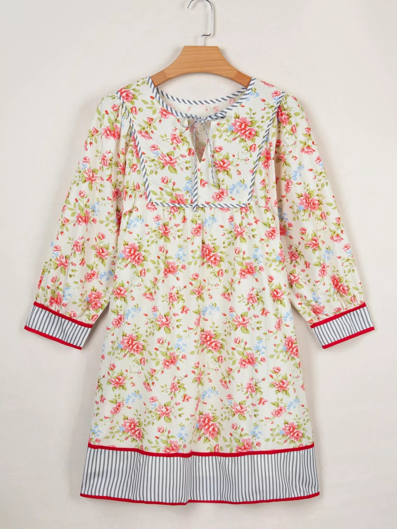 Hazel Blues® |  Striped Edge 3/4 Puff Sleeve Floral Dress