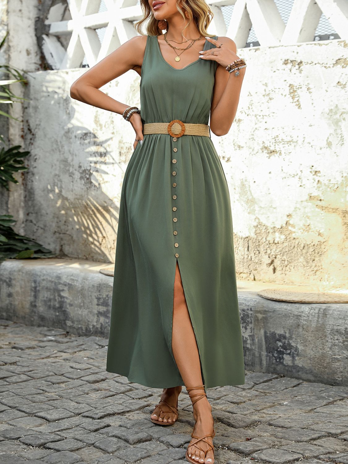 Hazel Blues® |  Perfee Decorative Button Slit Sleeveless Midi Dress