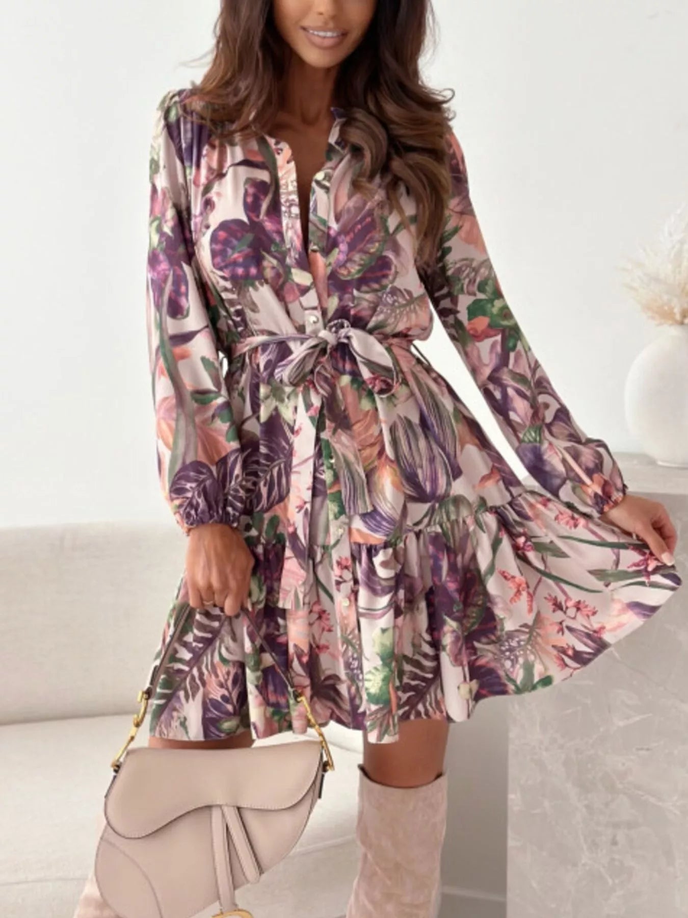 Hazel Blues® |  Floral Print Tie Waist Mini Dress