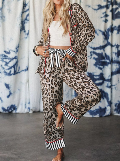 Hazel Blues® |  Leopard and Striped Trim Shirt and Pants Set