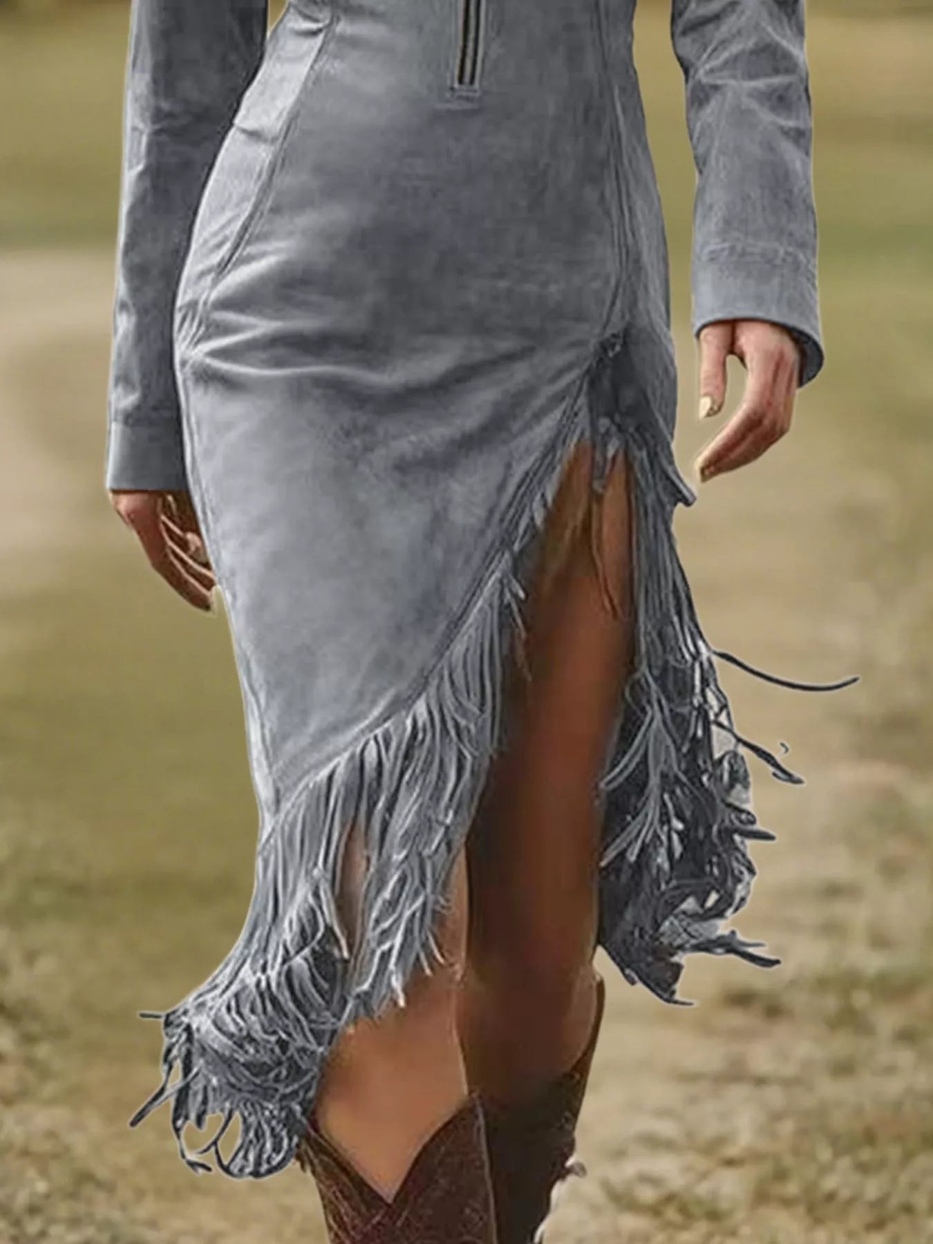 Hazel Blues® | Fringe Hem Zip Front Bodycon Dress