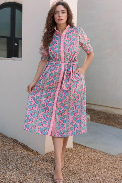 Hazel Blues® |  Printed Shirred Sleeve Buttoned Front Midi Dress with Sash