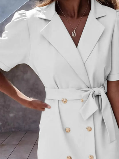 Hazel Blues® |  Lapel Collar Short Sleeve Tie Waist Mini Dress