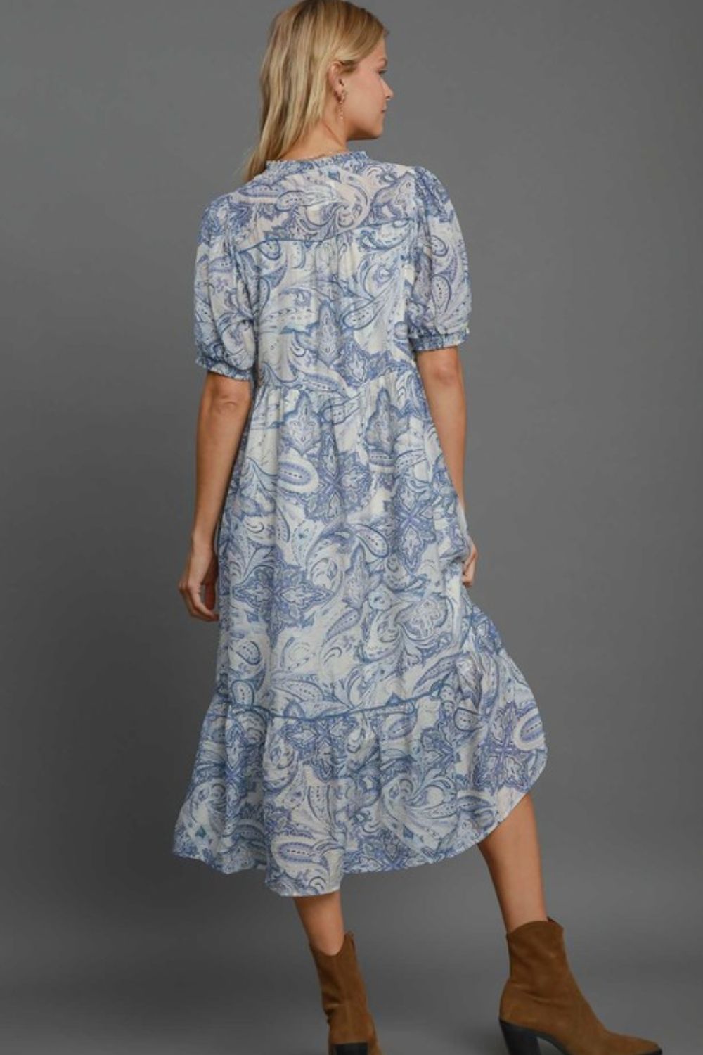 Hazel Blues® | Umgee Printed Puff Short Sleeve Midi Dress