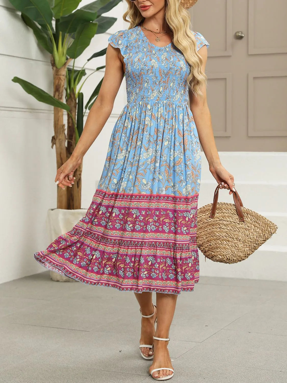 Hazel Blues® |  Printed Round Neck Cap Sleeve Dress
