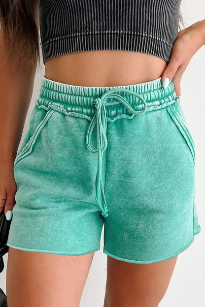 Hazel Blues® |  Mineral Washed Drawstring Elastic Waist Raw Cut Shorts