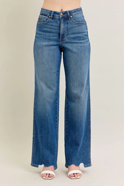 Hazel Blues® | Judy Blue High Waist Tummy Control Chew Hem Destroy Wide Jeans