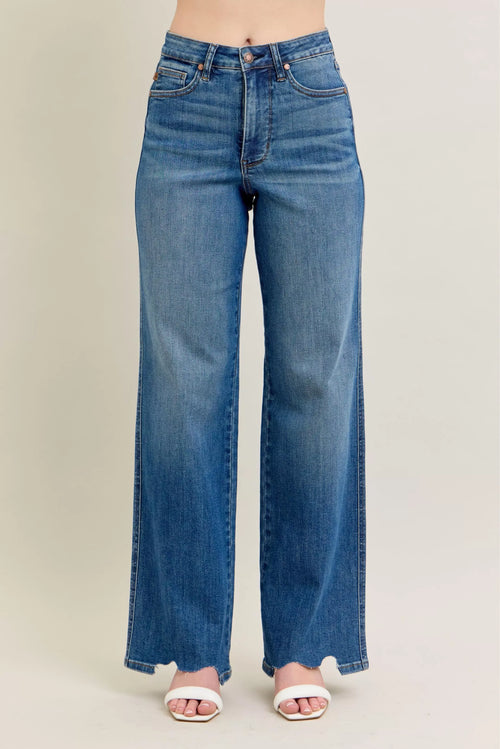 Hazel Blues® | Judy Blue High Waist Tummy Control Chew Hem Destroy Wide Jeans