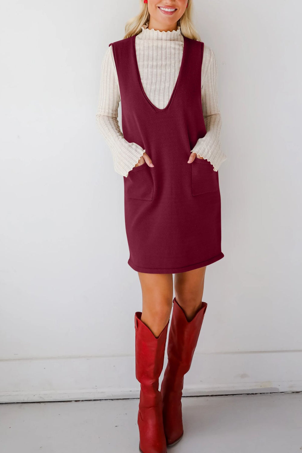 Hazel Blues® |  Lovelet Pocketed V-Neck Mini Sweater Overall Dress