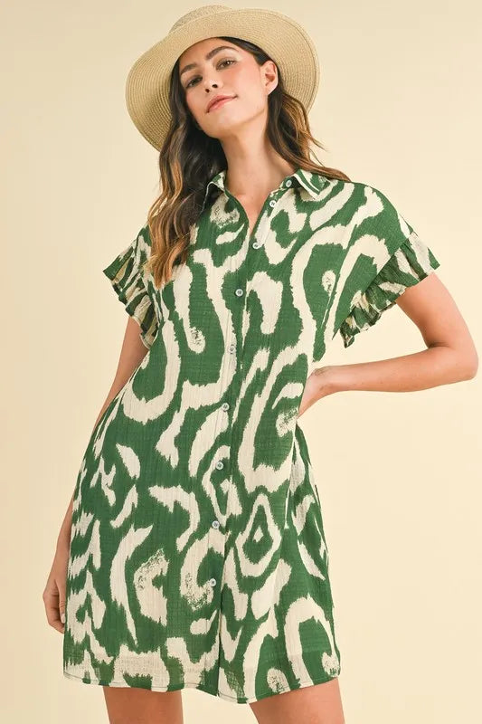 Hazel Blues® |  Annie Wear Abstract Printed Frill Sleeve Shirt Mini Dress