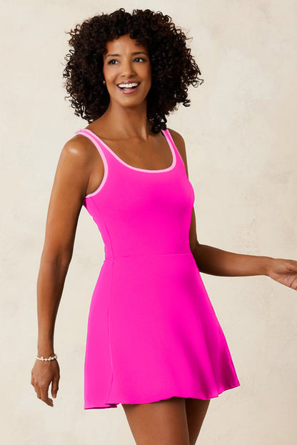 Hazel Blues® | Rose Red Contrast Trim Neckline Active Shorts Attached One Piece Swim Dress