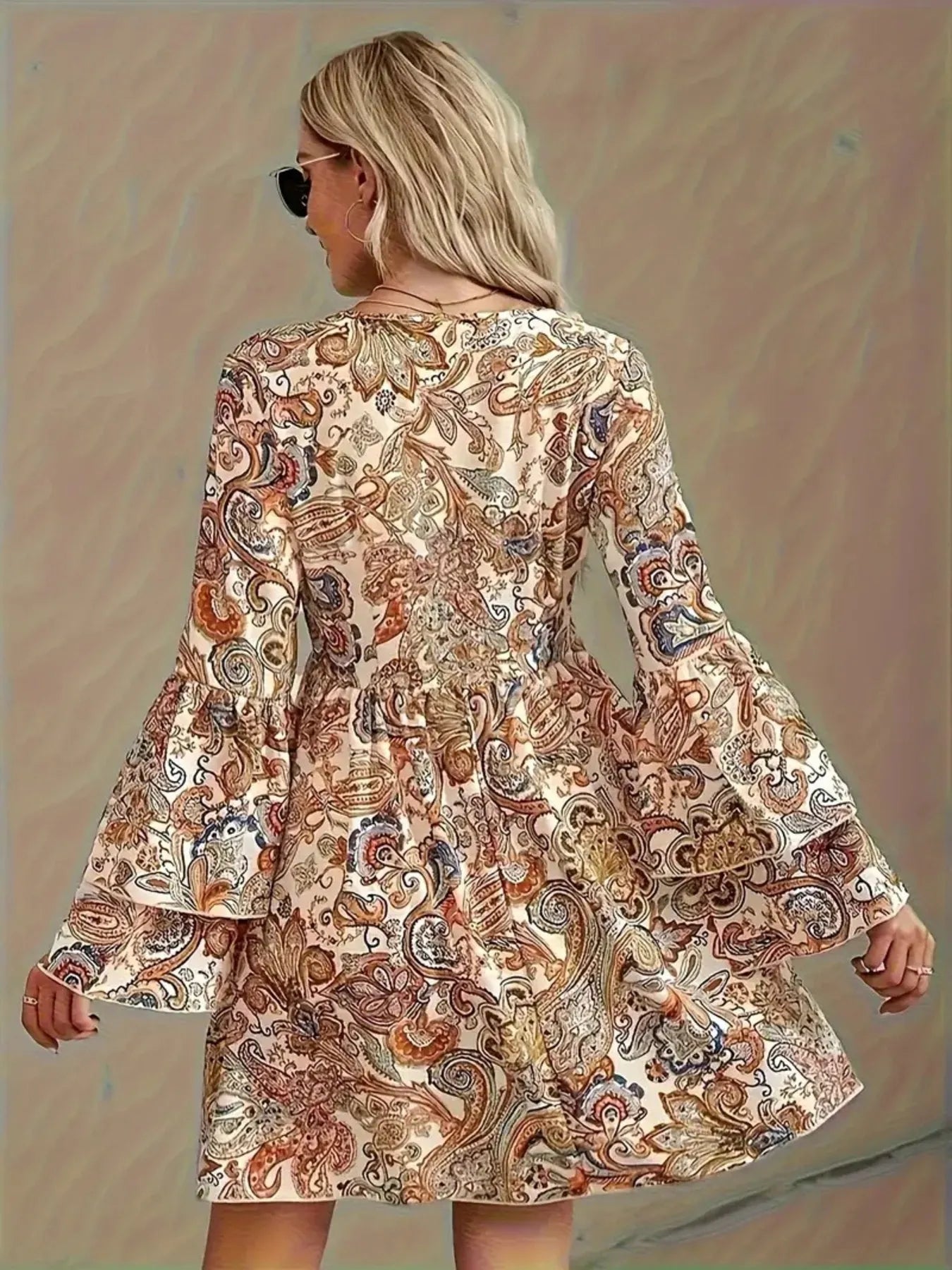 Hazel Blues® |  Paisley Print Bell Sleeve Mini Dress