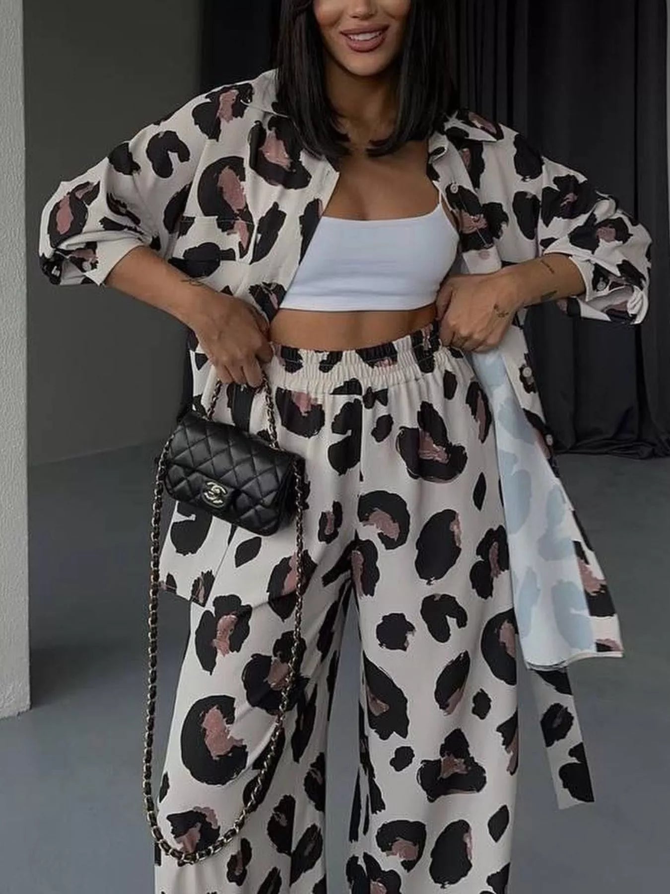 Hazel Blues® |  Leopard Print Relaxed Fit Shirt and Pants Two-Piece Set