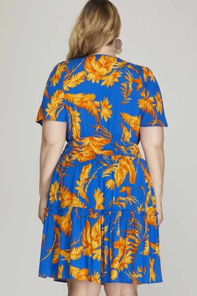 Hazel Blues® | She + Sky Printed Notched Short Sleeve Frill Tiered Dress