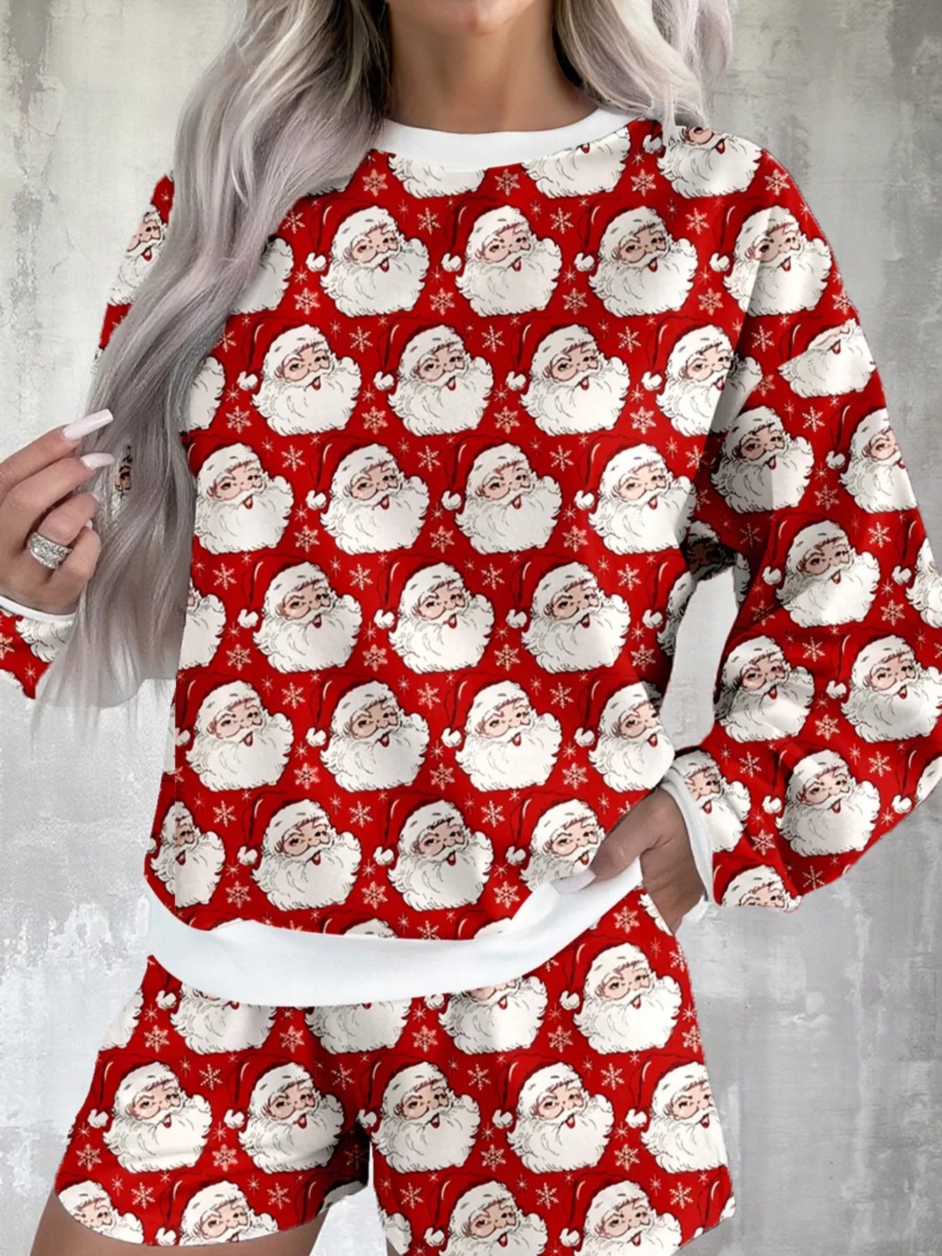 Hazel Blues® |  Christmas Santa Print Round Neck Top and Shorts Lounge Set