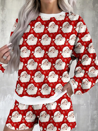 Hazel Blues® |  Christmas Santa Print Round Neck Top and Shorts Lounge Set