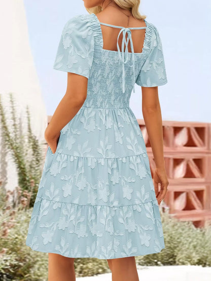 Hazel Blues® |  Smocked Square Neck Tiered Mini Dress