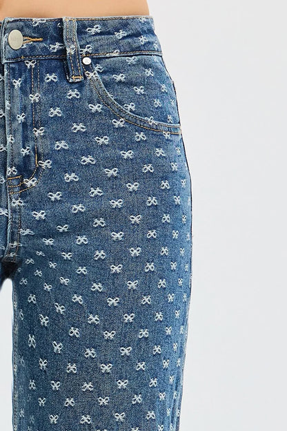 Hazel Blues® |  RISEN High Rise Wide Leg Bow Embroidered Jeans