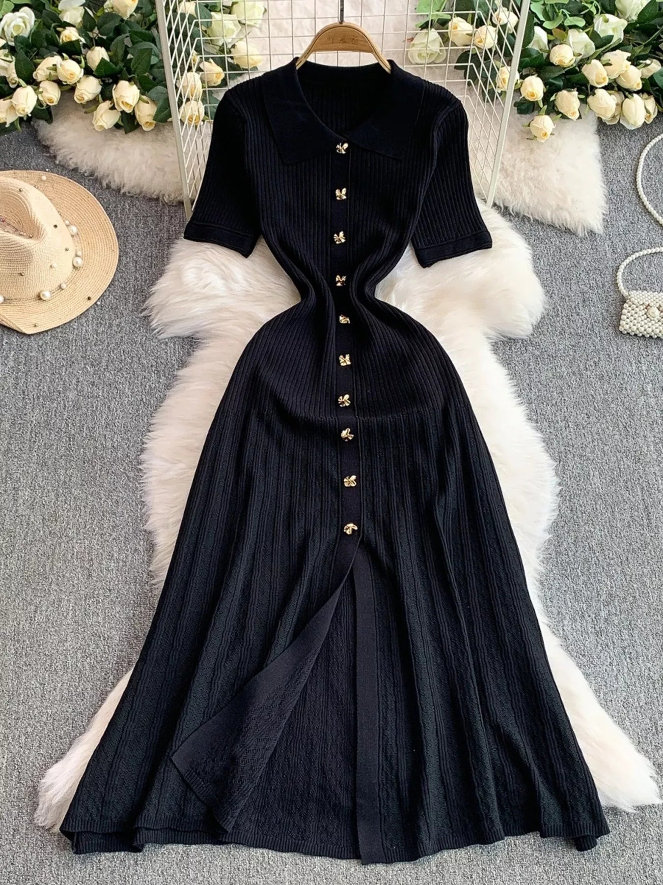 Hazel Blues® |  Button Front Ribbed Knit Midi Dress