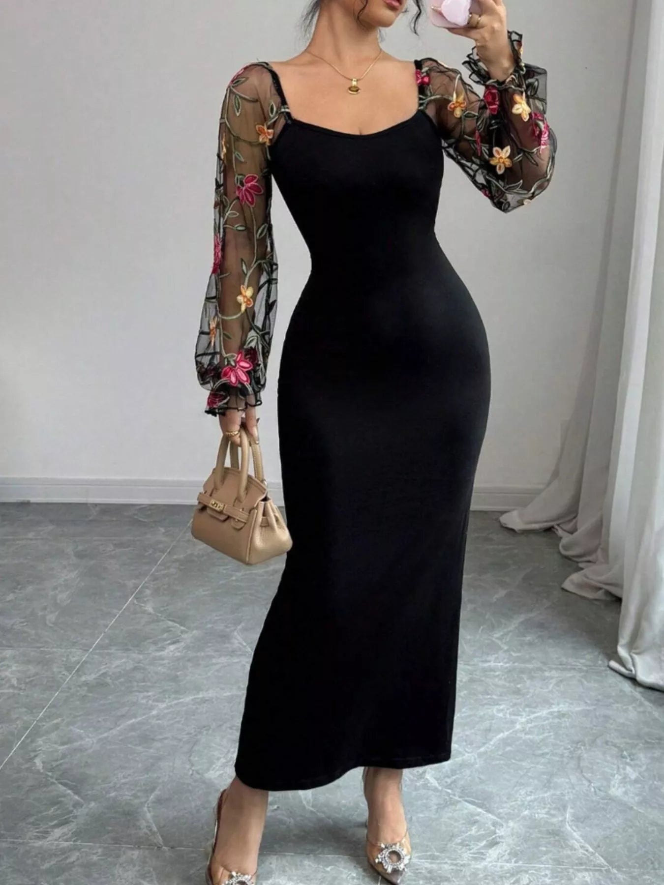 Hazel Blues® |  Sheer Floral Mesh Sleeves Bodycon Dress