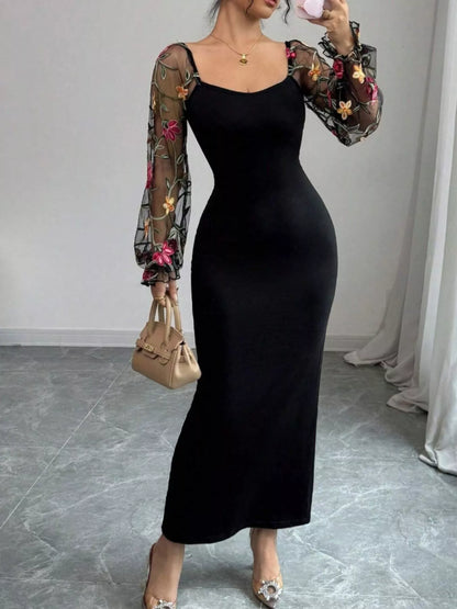Hazel Blues® |  Sheer Floral Mesh Sleeves Bodycon Dress
