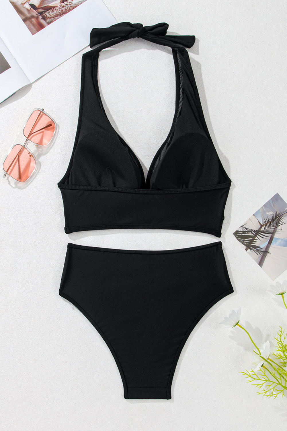 Hazel Blues® | Black Sheer Mesh Edged Halter V Neck Push Up Bikini