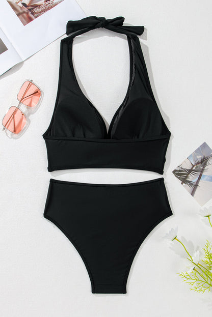 Hazel Blues® | Black Sheer Mesh Edged Halter V Neck Push Up Bikini