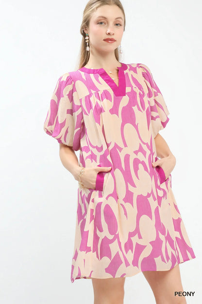 Hazel Blues® |  Umgee Abstract Print Puff Sleeve Shift Dress