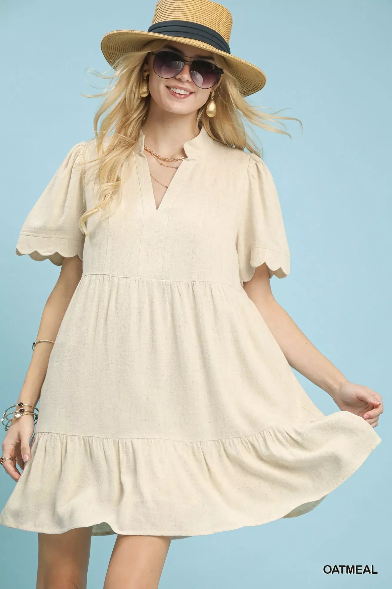 Hazel Blues® |  Umgee Linen Tiered Babydoll Dress with Scalloped Sleeves