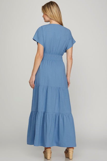 Hazel Blues® |  She + Sky Surplice Short Sleeve Tiered Maxi Dress With Pockets