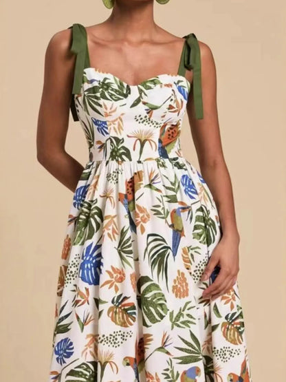 Hazel Blues® |  Tropical Print Tie-Shoulder Sweetheart Neck Midi Dress