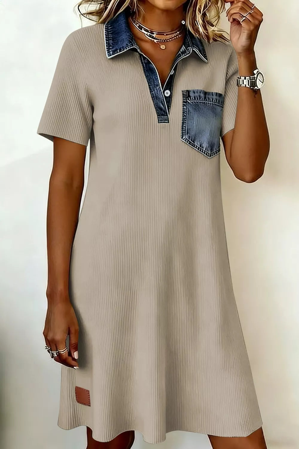 Hazel Blues® |  Casual Ribbed Knit Denim Trim Mini Dress