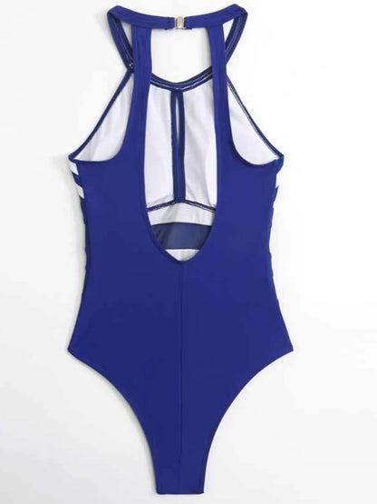 Hazel Blues® | Mesh Detail Backless Striped One-Piece Swimsuit