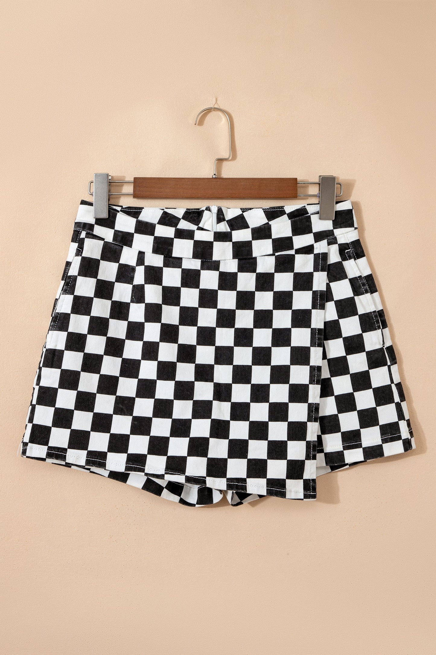 Hazel Blues® |  Black Checkered Print Overlap Denim Shorts