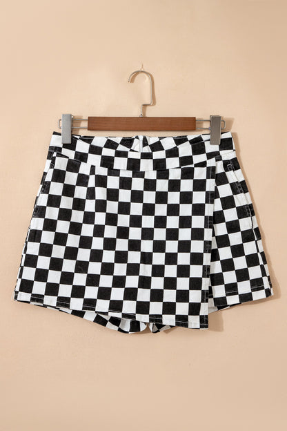 Hazel Blues® |  Black Checkered Print Overlap Denim Shorts