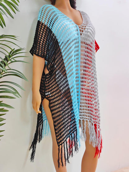 Hazel Blues® | Fringe Color Block Scoop Neck Cover Up