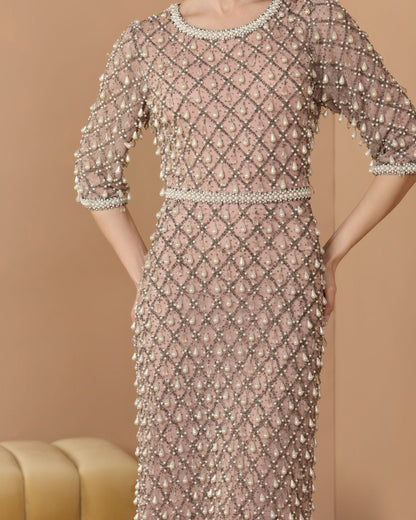 Petite Pink Pearl Embellished 3/4 Sleeve Gown
