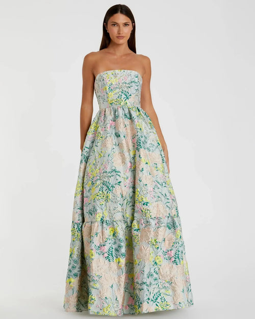 Petite Multicolor Strapless Floral Brocade A-Line Gown