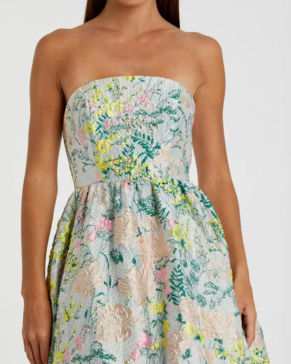 Petite Multicolor Strapless Floral Brocade A-Line Gown