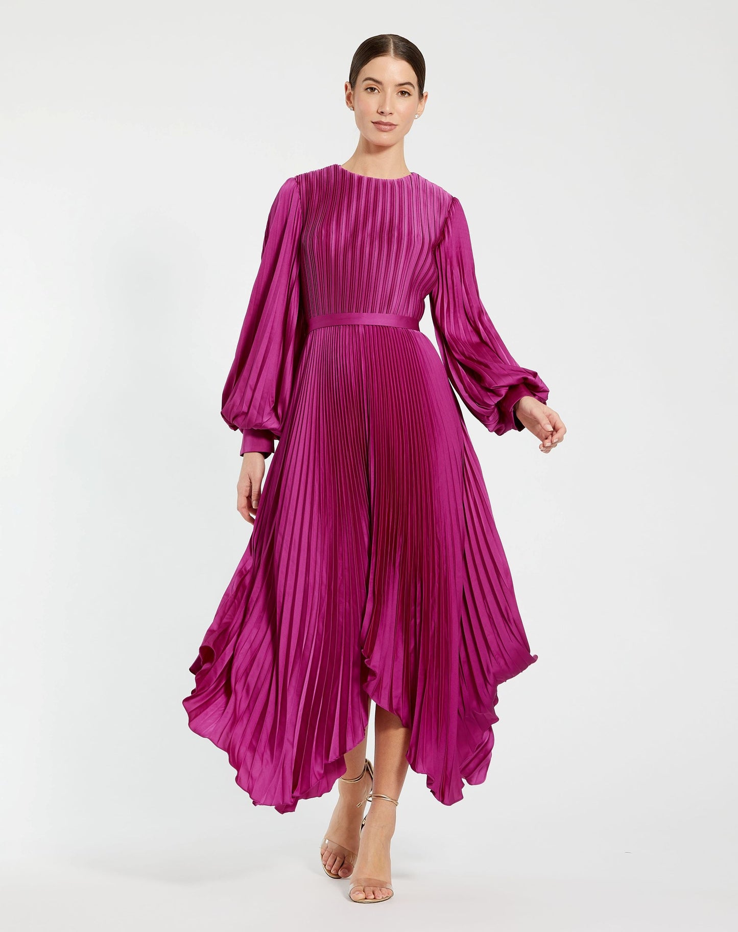 Petite Purple Long Sleeve Pleated Charmeuse Handkerchief Dress